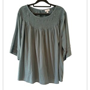 J Jill Dusty Blue Embroidered Yoke Style Cottagecore 3/4 Pleated Sleeves Size L